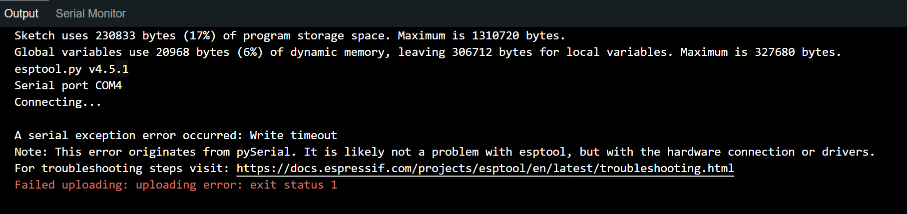 Sketch uses 230833 bytes (17%) of program storage space. Maximum is 1310720 bytes. Global variables use 20968 bytes (6%) of dynamic memory, leaving 306712 bytes for local variables. Maximum is 327680 bytes. esptool.py v4.5.1 Serial port COM4 Connecting... A serial exception error occurred: Write timeout Note: This error originates from pySerial. It is likely not a problem with esptool, but with the hardware connection or drivers. For troubleshooting steps visit: https://docs.espressif.com/projects/esptool/en/latest/troubleshooting.html Failed uploading: uploading error: exit status 1